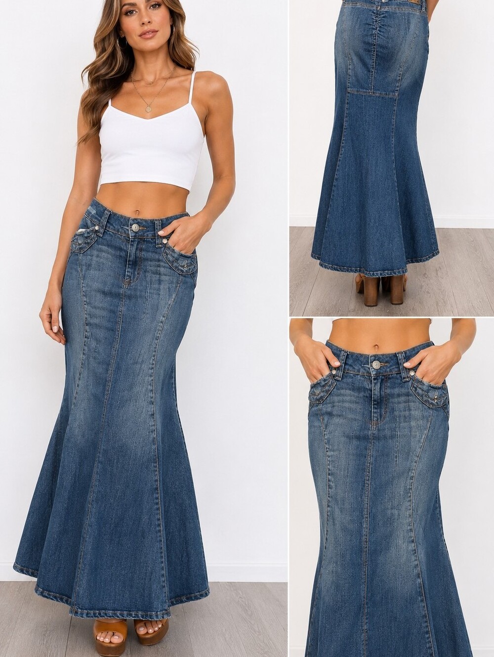 0 - Candie's Denim Maxi Mermaid Skirt Y2K A-Line Flared Leopard Trim Rhinestone